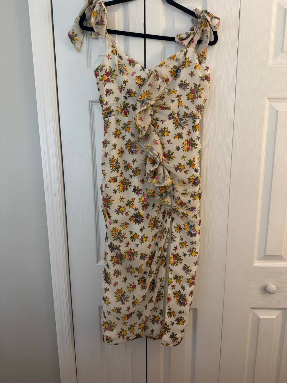 NBD Cream Floral Ruffle Tie-Shoulder Velvet Midi Dress with Slit